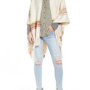 Free People OS Boho Luxurious Stripe Fringe Ruana Shrug